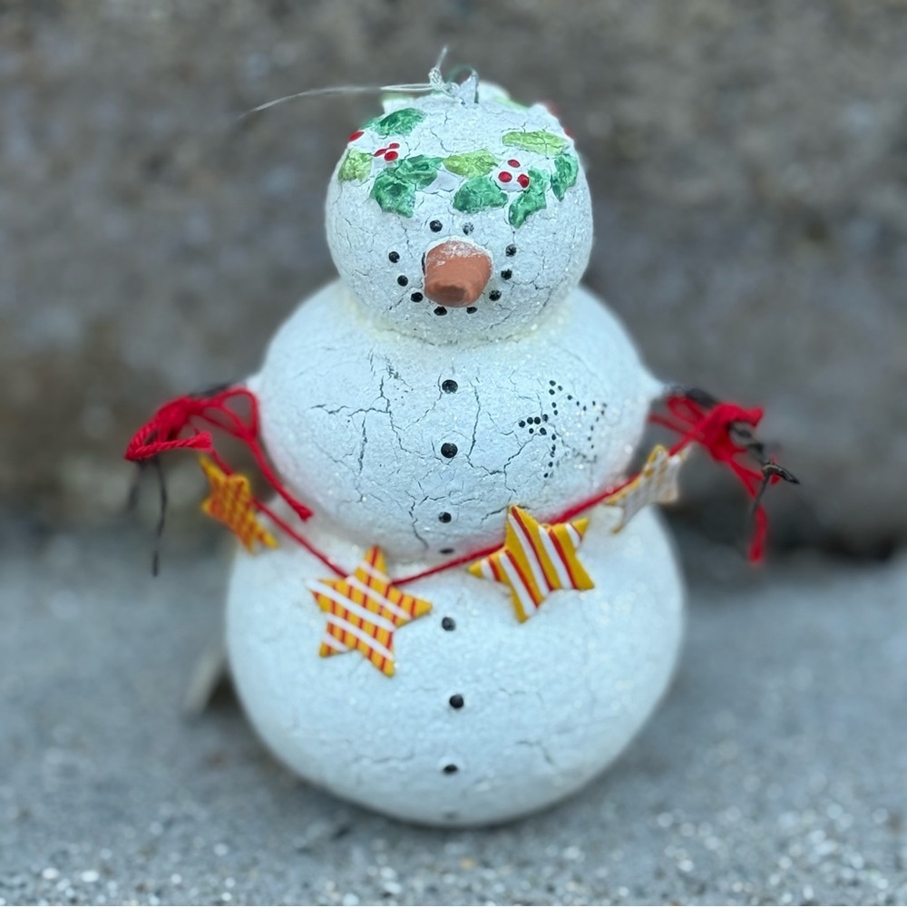 Vintage Dept 56 4” Crackle Glitter Resin Snowman with Holly and Stars